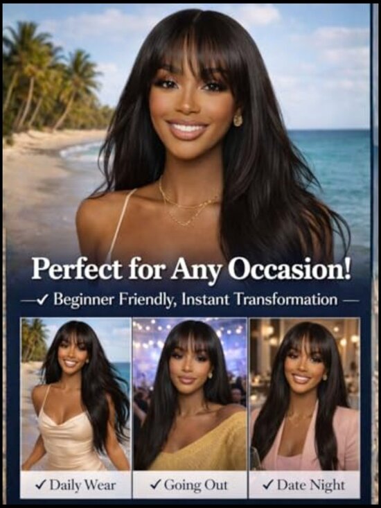 Yaki Straight Human Hair Wig with Wispy Bangs 150% Density Glueless Ready to main image 3
